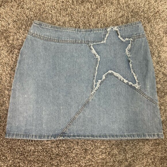 Unbranded Dresses & Skirts - Vintage 2000s Y2K Micro Mini Skirt S Light Wash Denim Distressed Embroidery Star